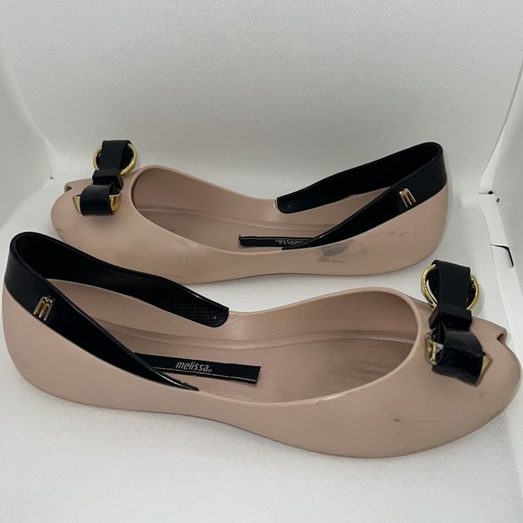 Melissa Queen IV blush black peep toe front bow ballerina flats Sz 6 - Picture 9 of 13